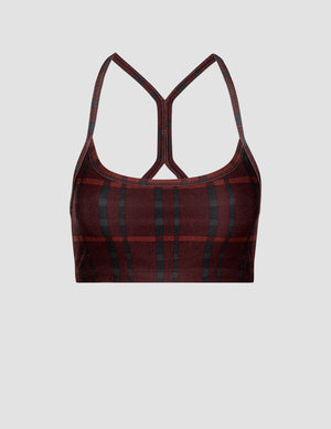 red racerback style bra with a plaid print and thin straps. 
