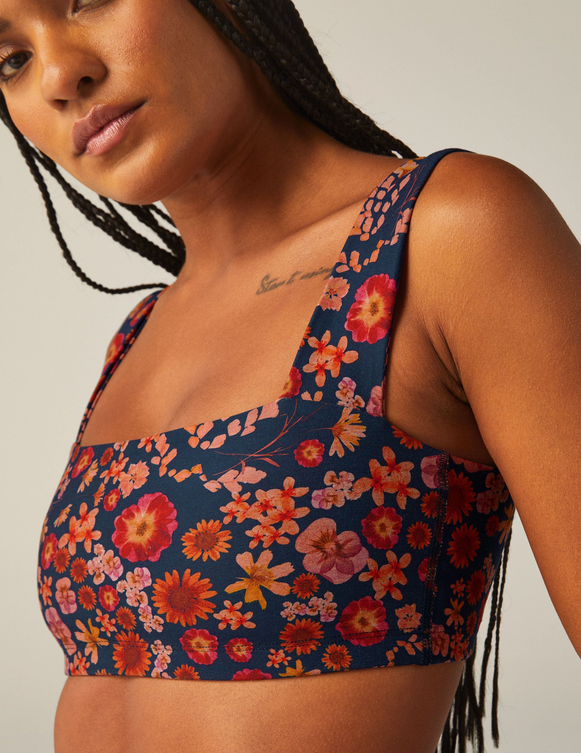 blue squared bra top with a retro floral print. 