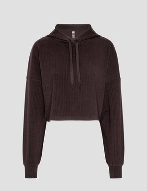 brown ribbed cropped hoodie against a plain background. 