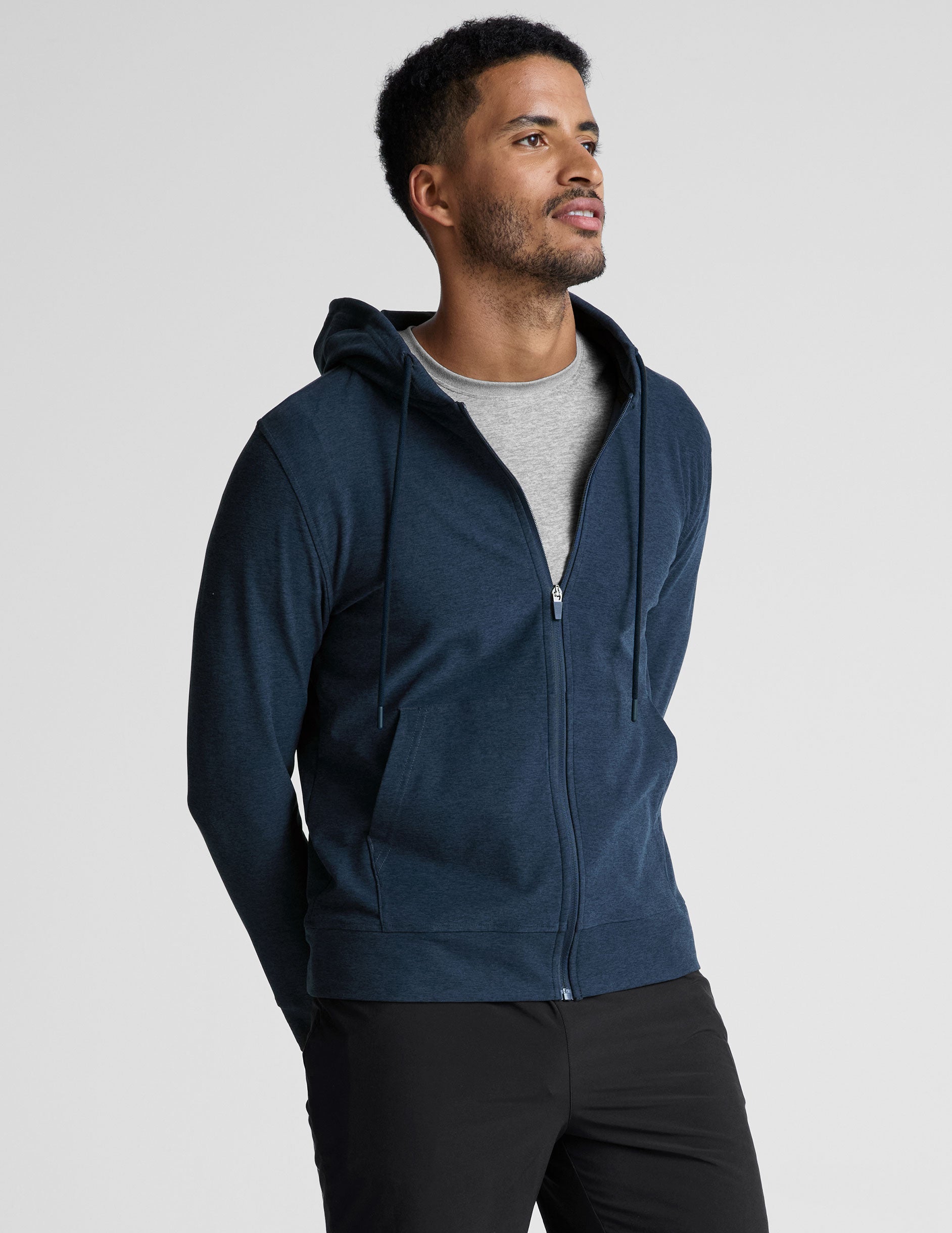 blue mens zip-up hooded jacket. 