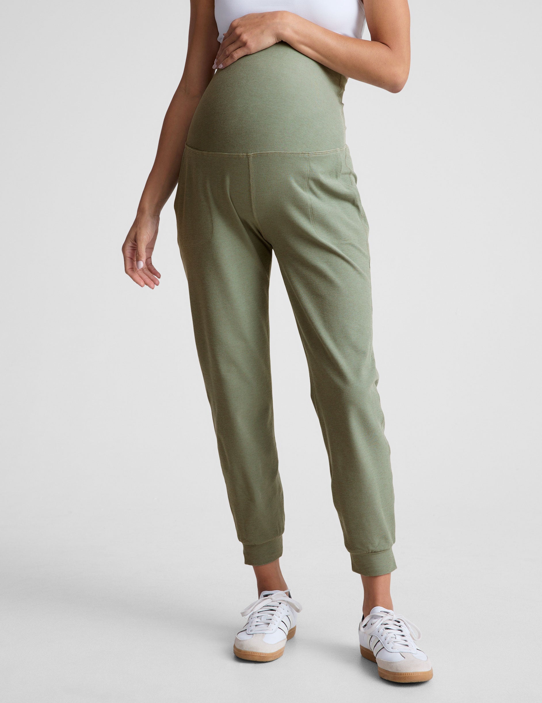 green maternity joggers with pockets. 