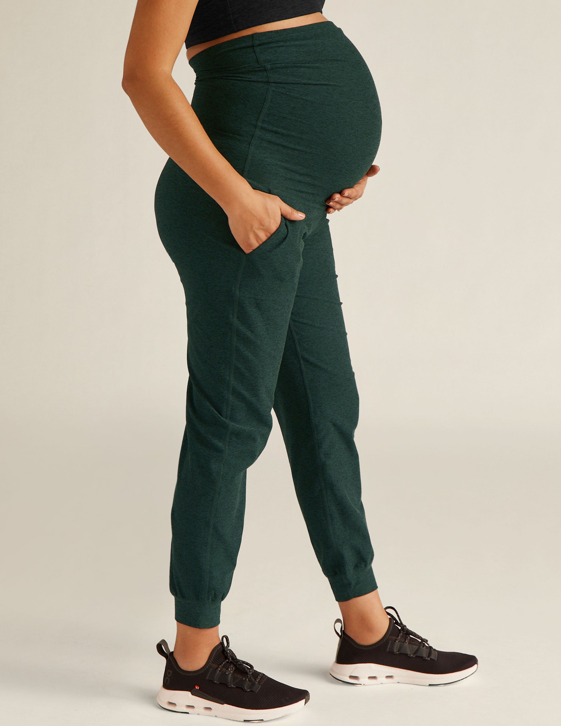 green maternity midi joggers with pockets. 