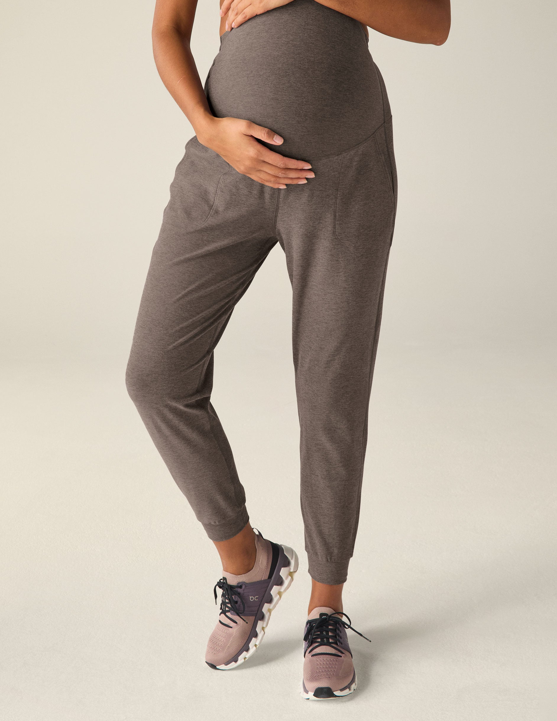 brown maternity midi length joggers. 