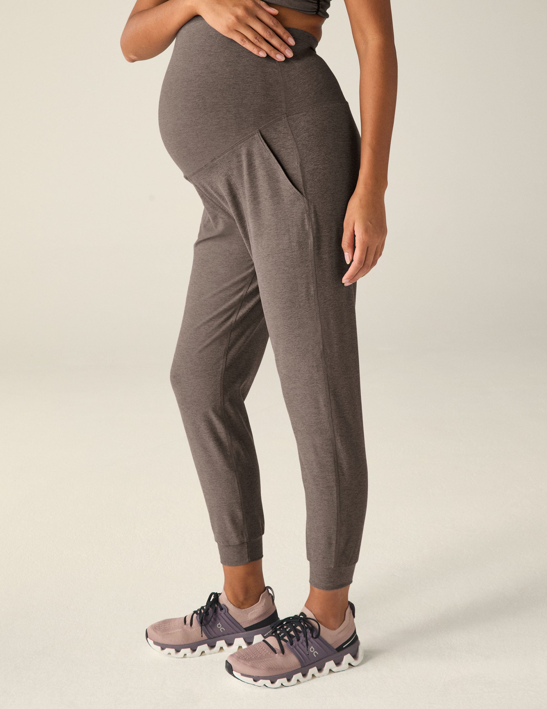 brown maternity midi length joggers. 