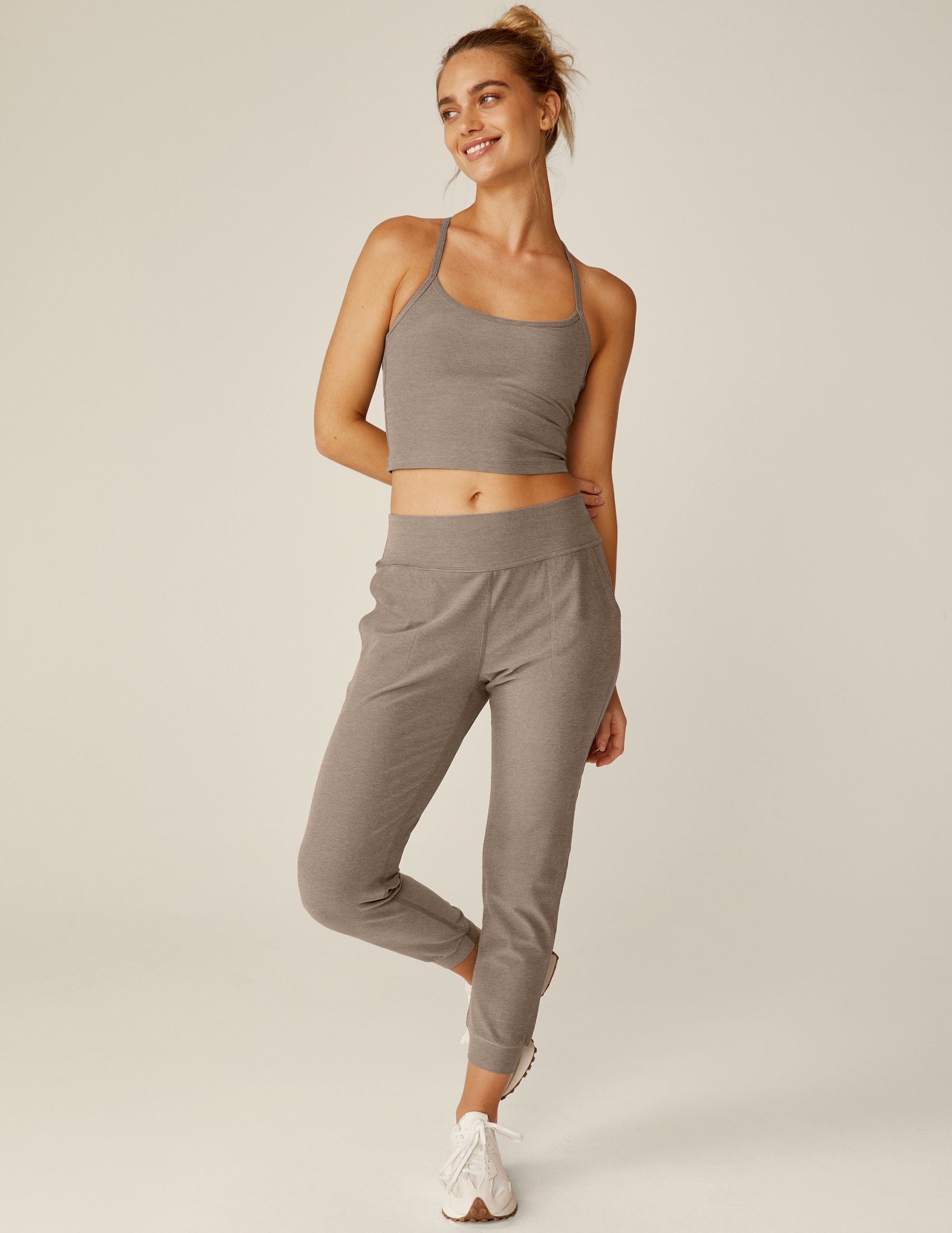 brown high-waisted joggers with pockets. 