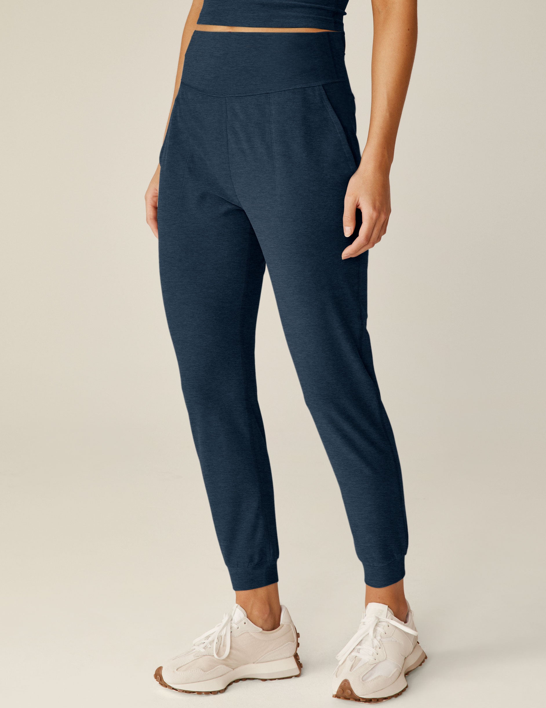 blue high-waisted jogger with pockets. 