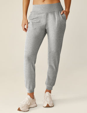 Spacedye Midi Jogger in Silver Mist gray, featuring a wide waistband, side pockets, and tapered silhouette with ankle cuffs.