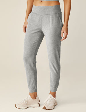 Spacedye Midi Jogger in silver mist gray. These tapered joggers feature a wide waistband, slant pockets, and banded cuffs.