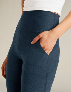 Spacedye All Day Flare High Waisted Pant in navy marled fabric showing the high rise waistband and side hip pocket.