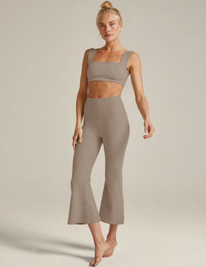 Model wearing Spacedye Retro Cropped Pant in Birch Heather, featuring a high waist, snug fit, and flared leg opening.