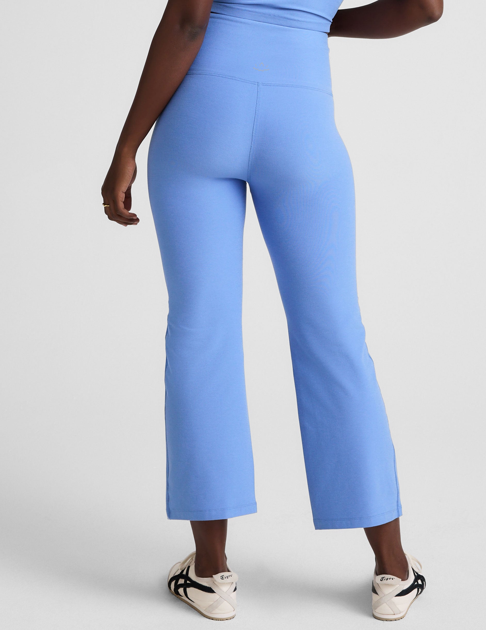 blue high-waisted cropped flare pants. 