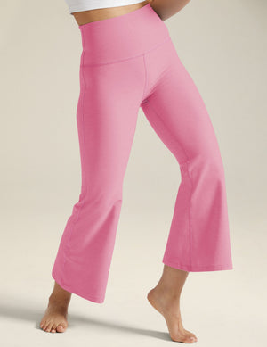 Pink Bloom Heather Spacedye Retro Cropped Pant featuring a high waistband, snug fit, and flared leg on a model.