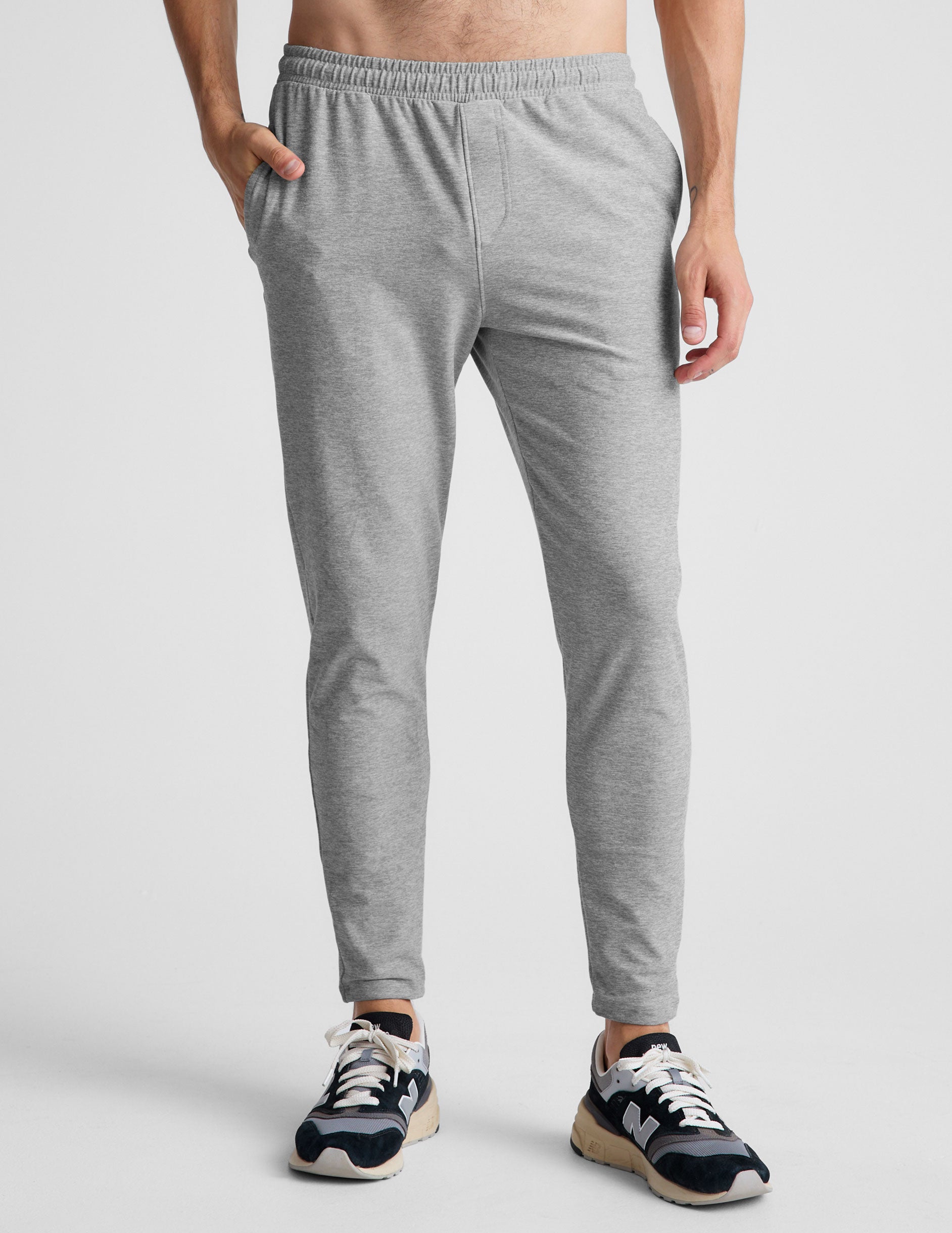 gray men's athleisure pants with an internal drawcord and pockets.