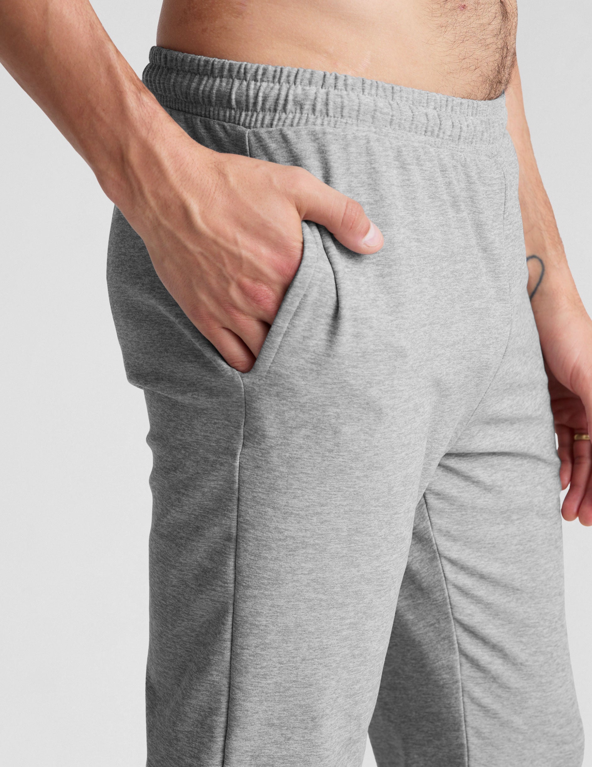 gray men's athleisure pants with an internal drawcord and pockets.