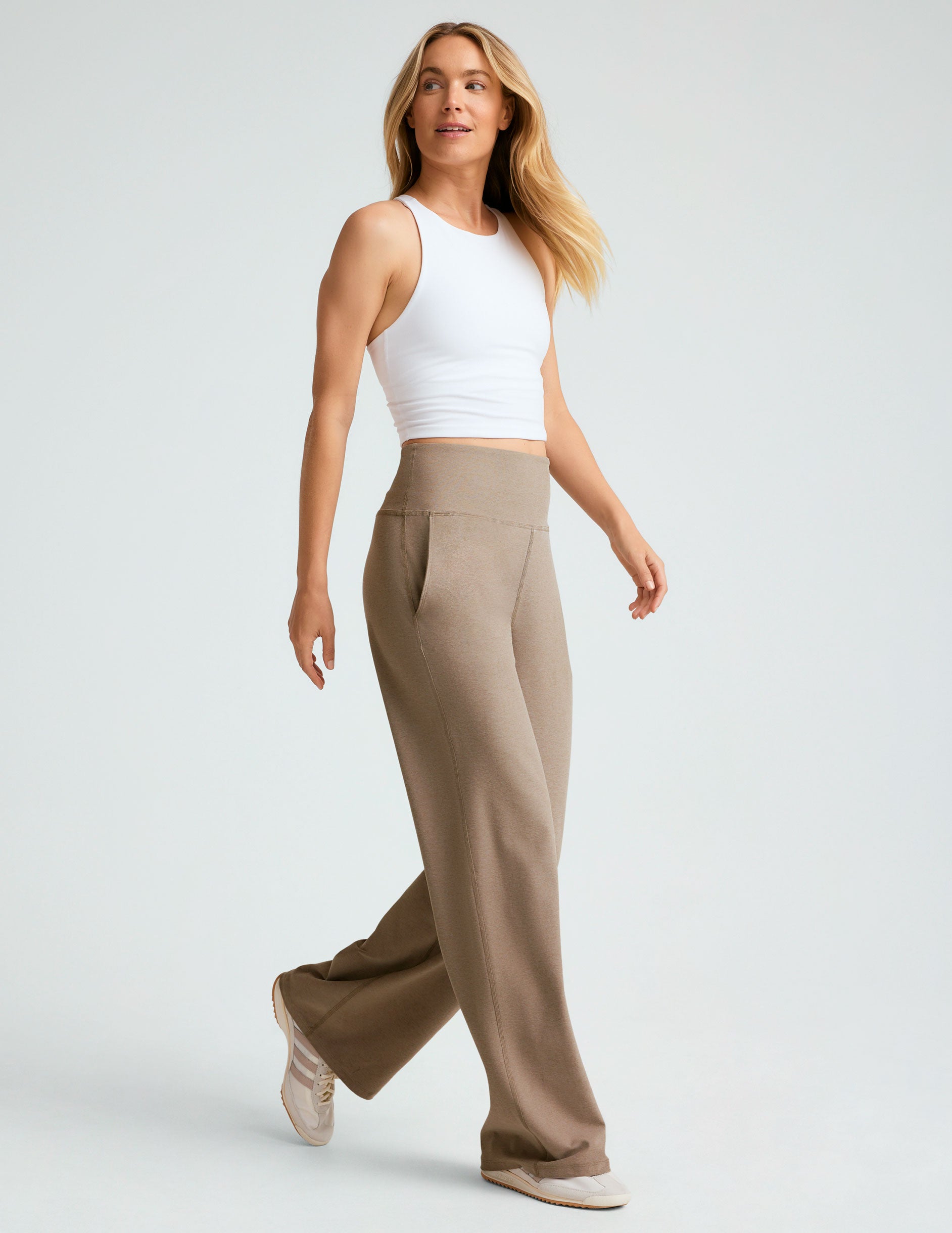 brown high-waisted straight leg pants. 