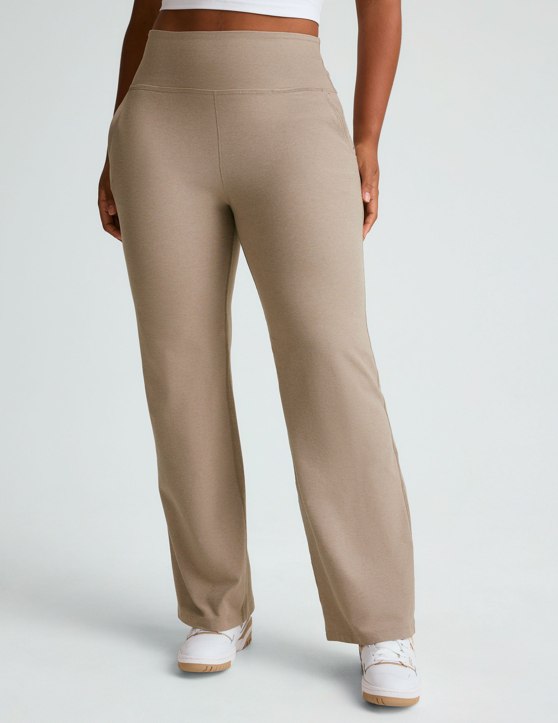 brown high-waisted straight leg pants. 