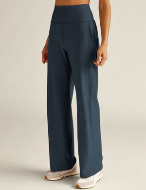 Spacedye Laid Back Pant in navy marled fabric. Features a high waist, wide legs, and side pockets on a model.