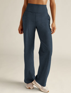 Navy marled Spacedye Laid Back Pant with a high waist and wide legs, shown on a person wearing sneakers.