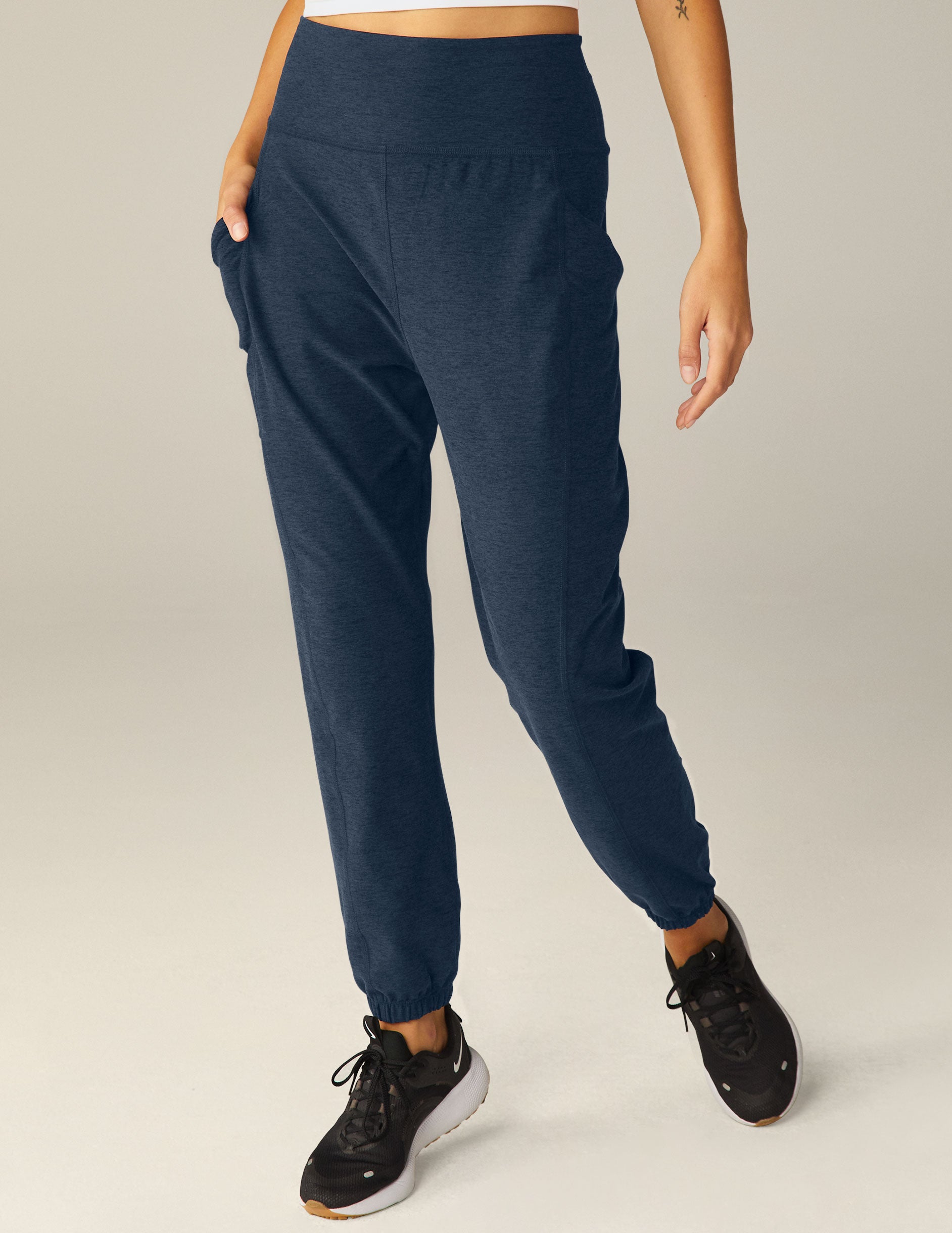 blue midi jogger with pocket detail at sides