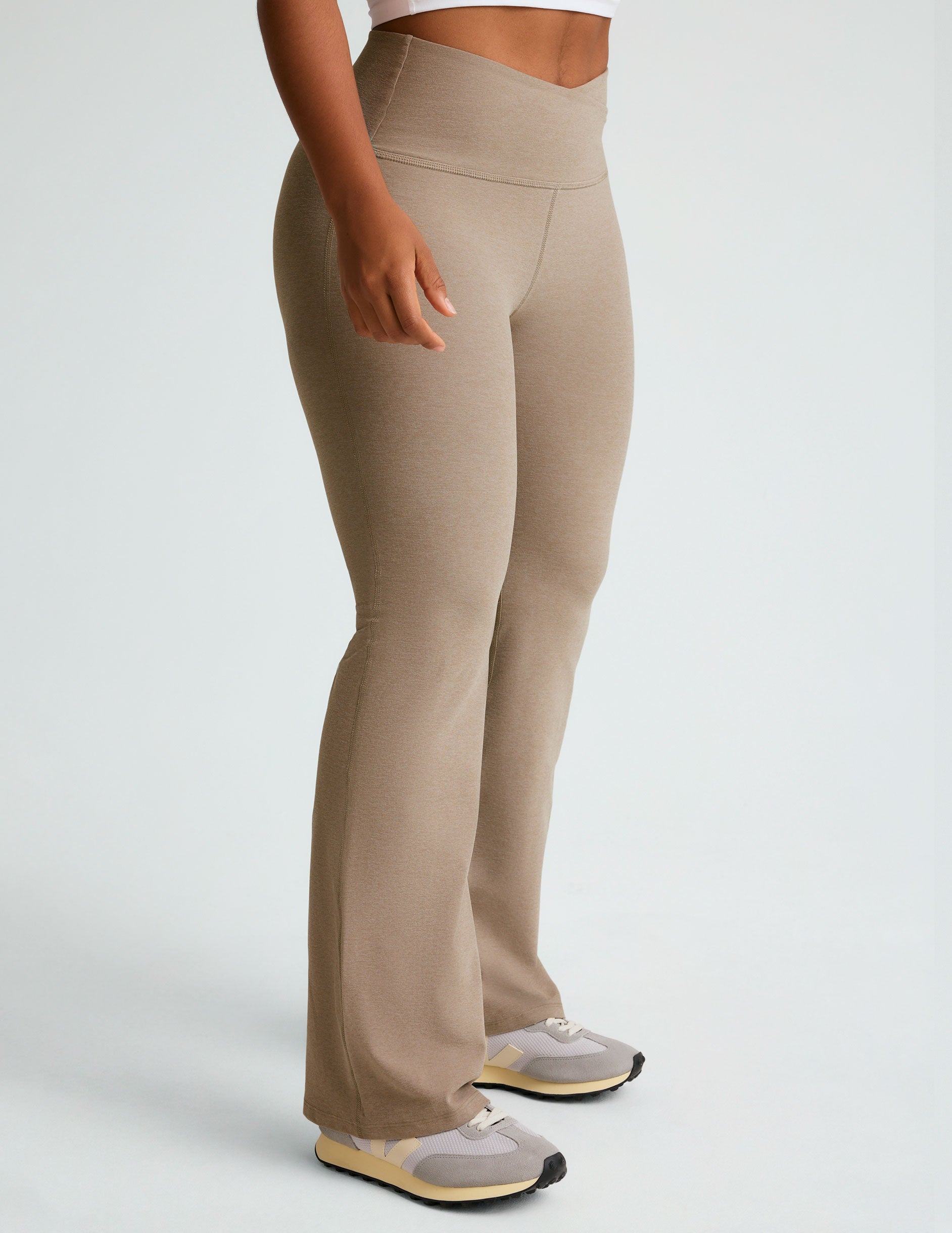 brown midi flare pant with criss cross front detail