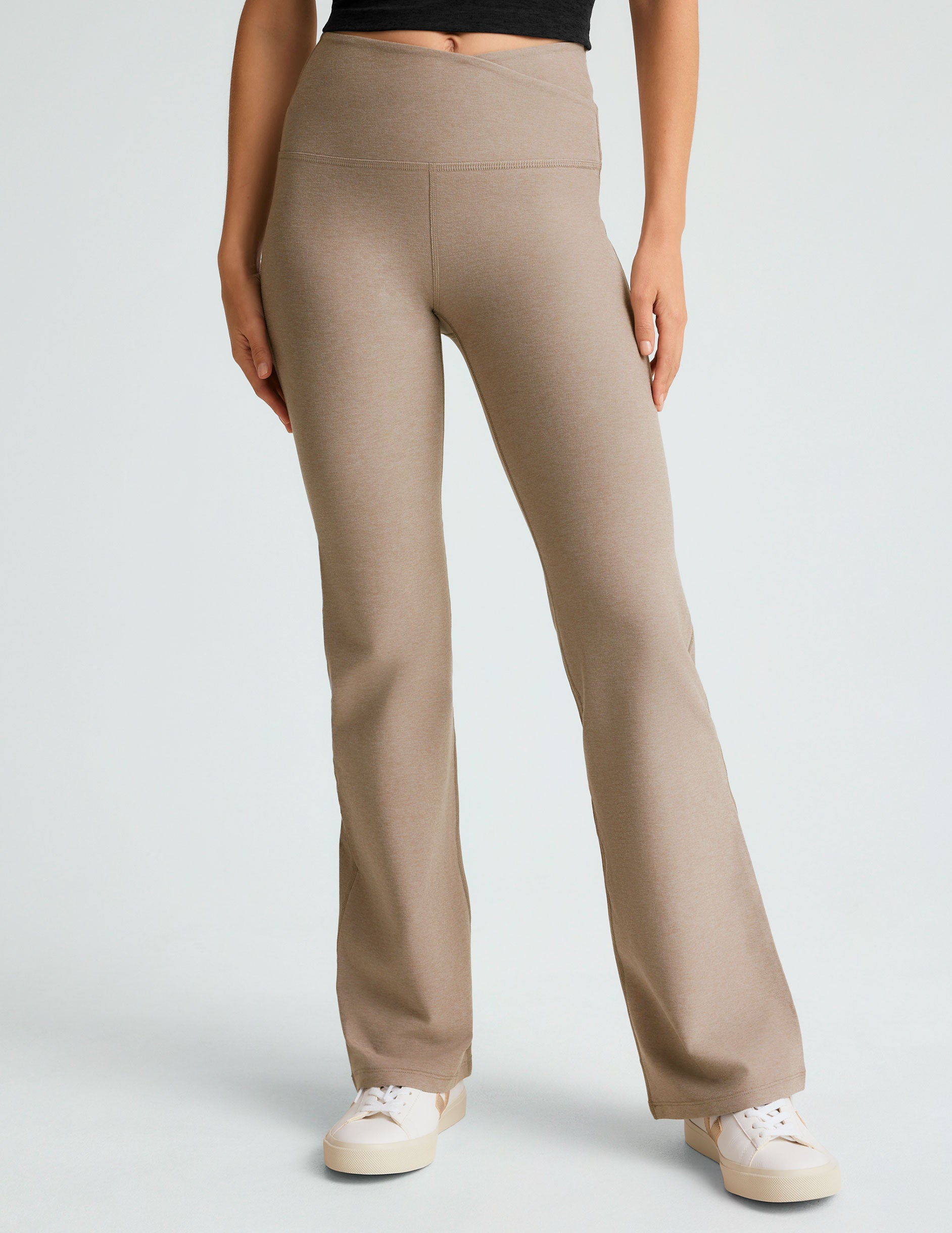 brown midi flare pant with criss cross front detail