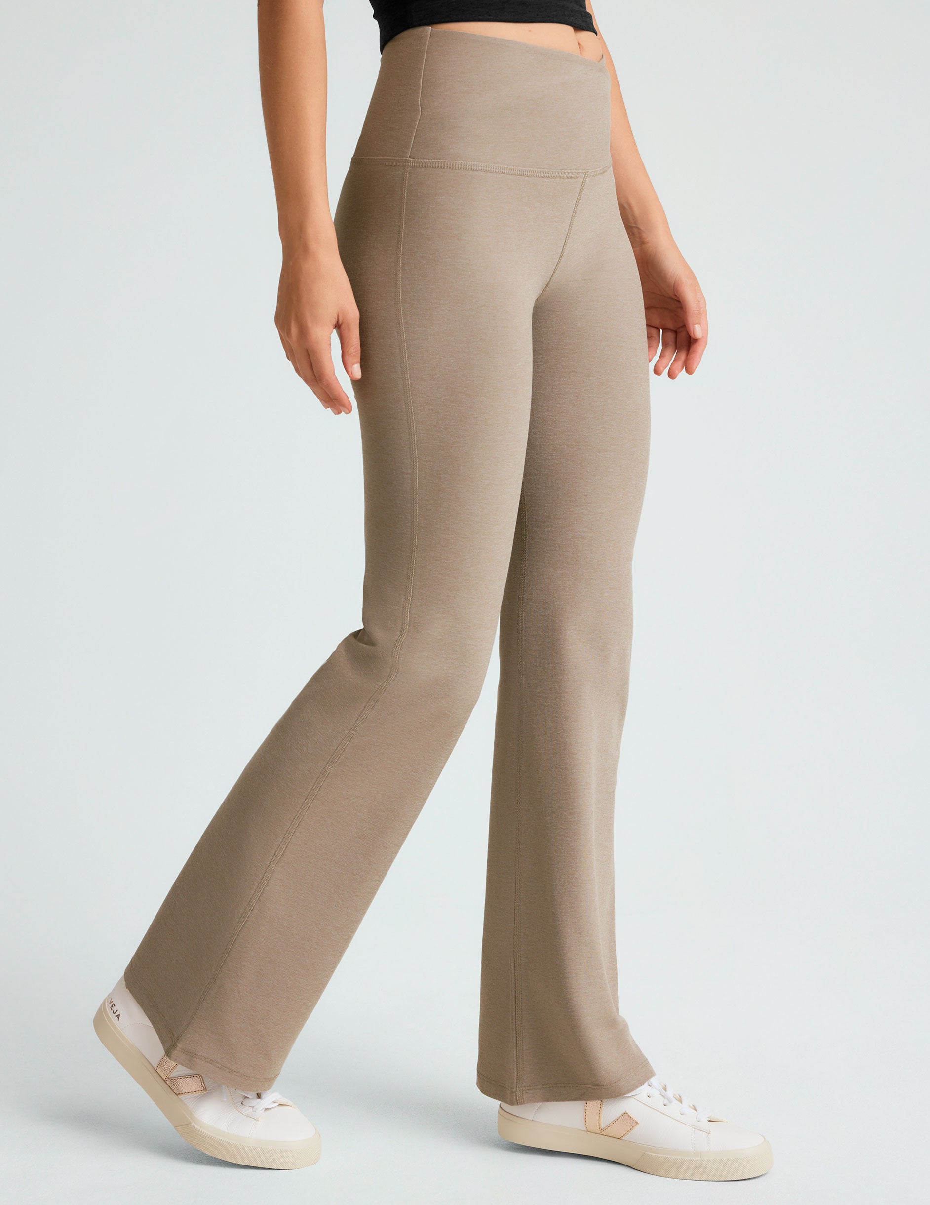 brown midi flare pant with criss cross front detail