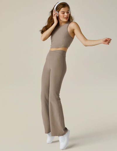 brown midi flare pant with criss cross front detail