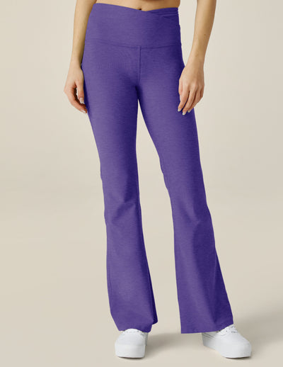 purple midi flare pant with criss cross front detail