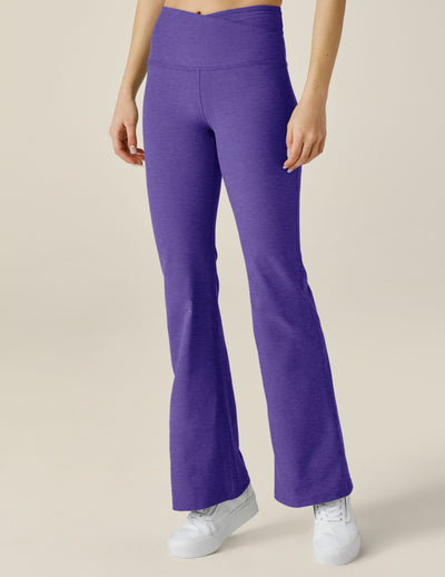 purple midi flare pant with criss cross front detail