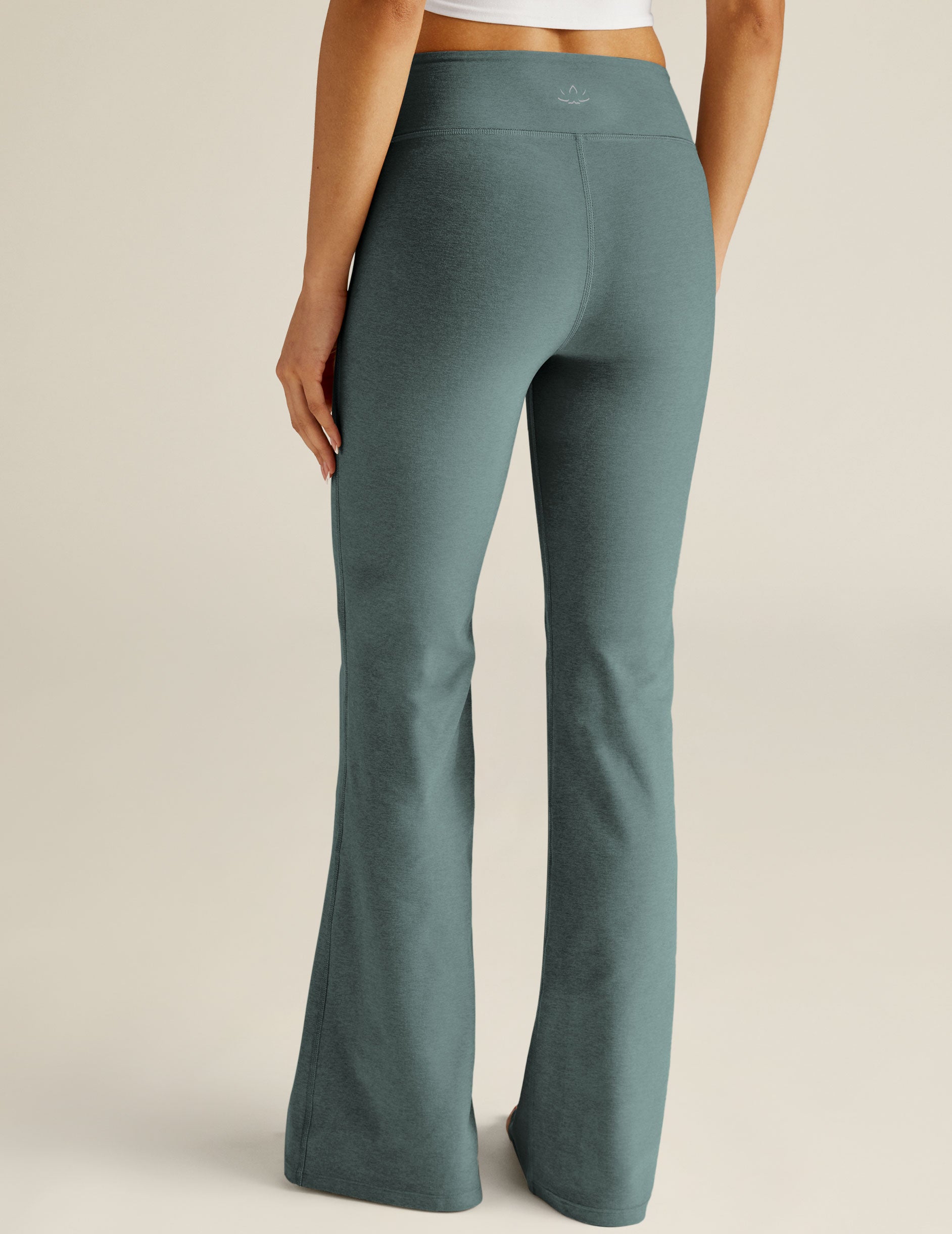 blue low rise flare athleisure pants. 