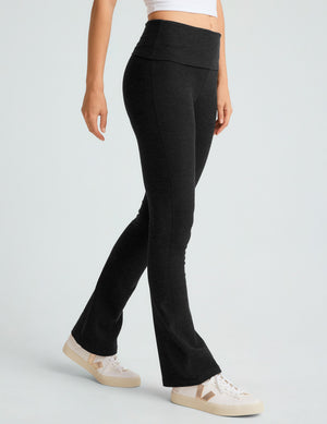 Black Spacedye Foldover Bootcut Pant featuring a high overlapping waistband and fitted legs with a flared bootcut hem.