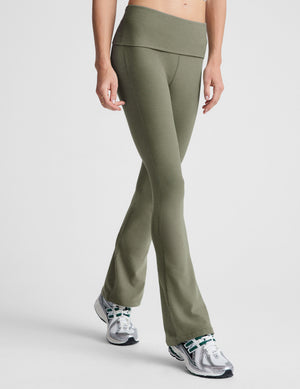 green bootcut pants with a foldover waistband. 
