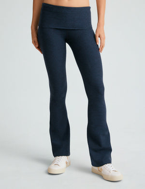 Navy Spacedye Foldover Bootcut Pant featuring a wide foldover waistband and flared leg silhouette in navy marled fabric.