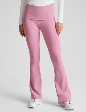 Pink Spacedye Foldover Bootcut Pant showing the wide foldover waistband and flared legs, fitted through the thigh.