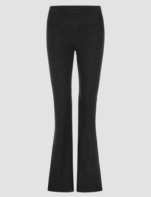 Spacedye Mid-Rise Bootcut Pant in black, featuring a snug fit, wide waistband, and flared legs against a grey background.