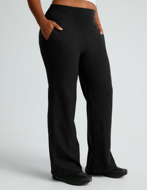 Black Spacedye Foldover Wide Leg Pant featuring a high-rise foldover waistband, slant pockets, and a relaxed wide-leg cut.