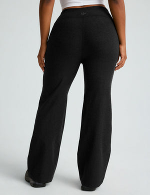 Rear view of black marled Spacedye Foldover Wide Leg Pant featuring a high waistband and relaxed wide-leg silhouette.