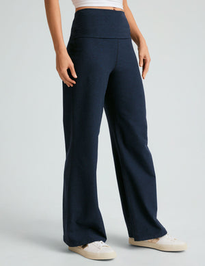 Navy Spacedye Foldover Wide Leg Pant featuring a high-waisted foldover band and relaxed wide leg fit on a model.