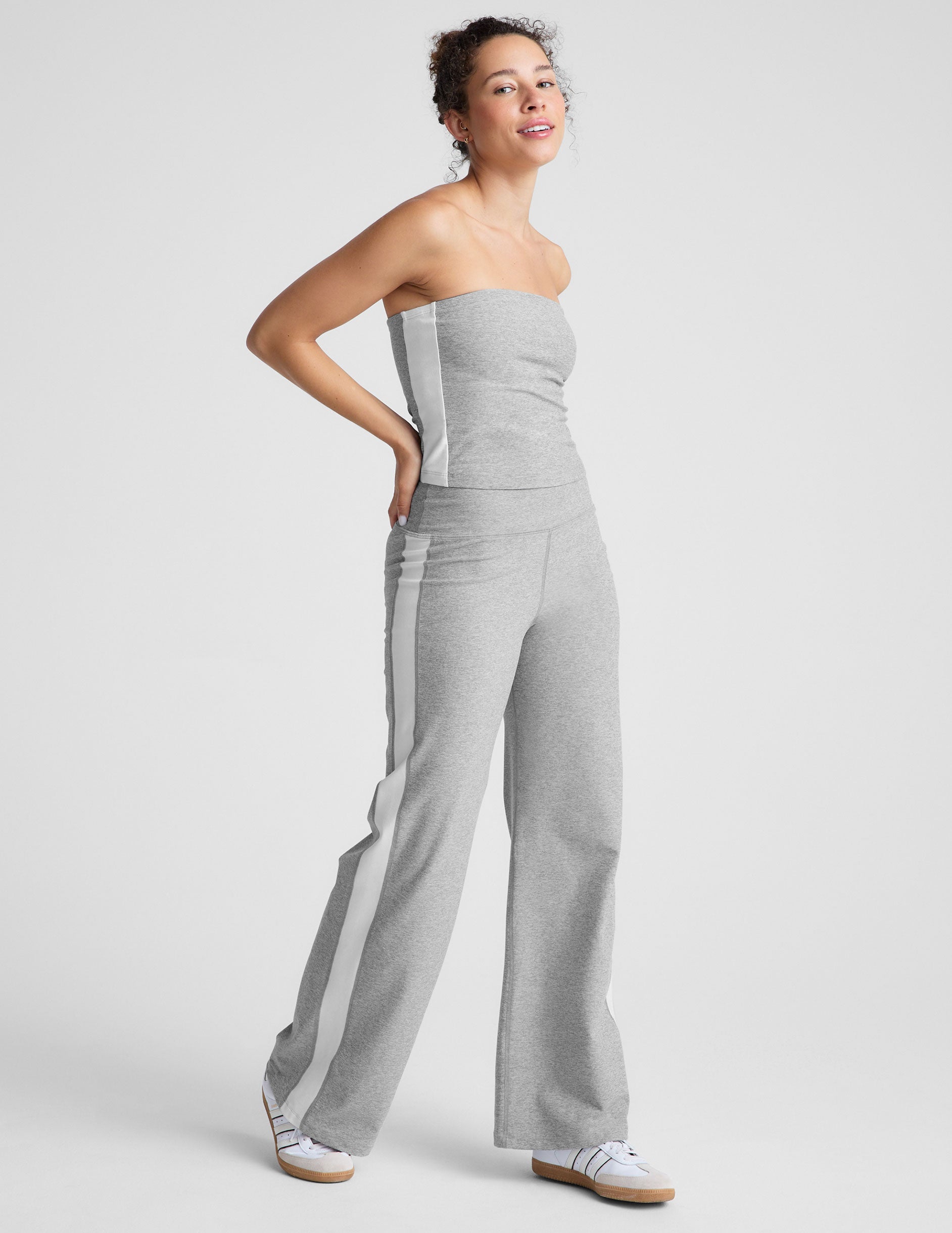 gray wide leg pants with a 4" waistband and white contrast panels on sides.