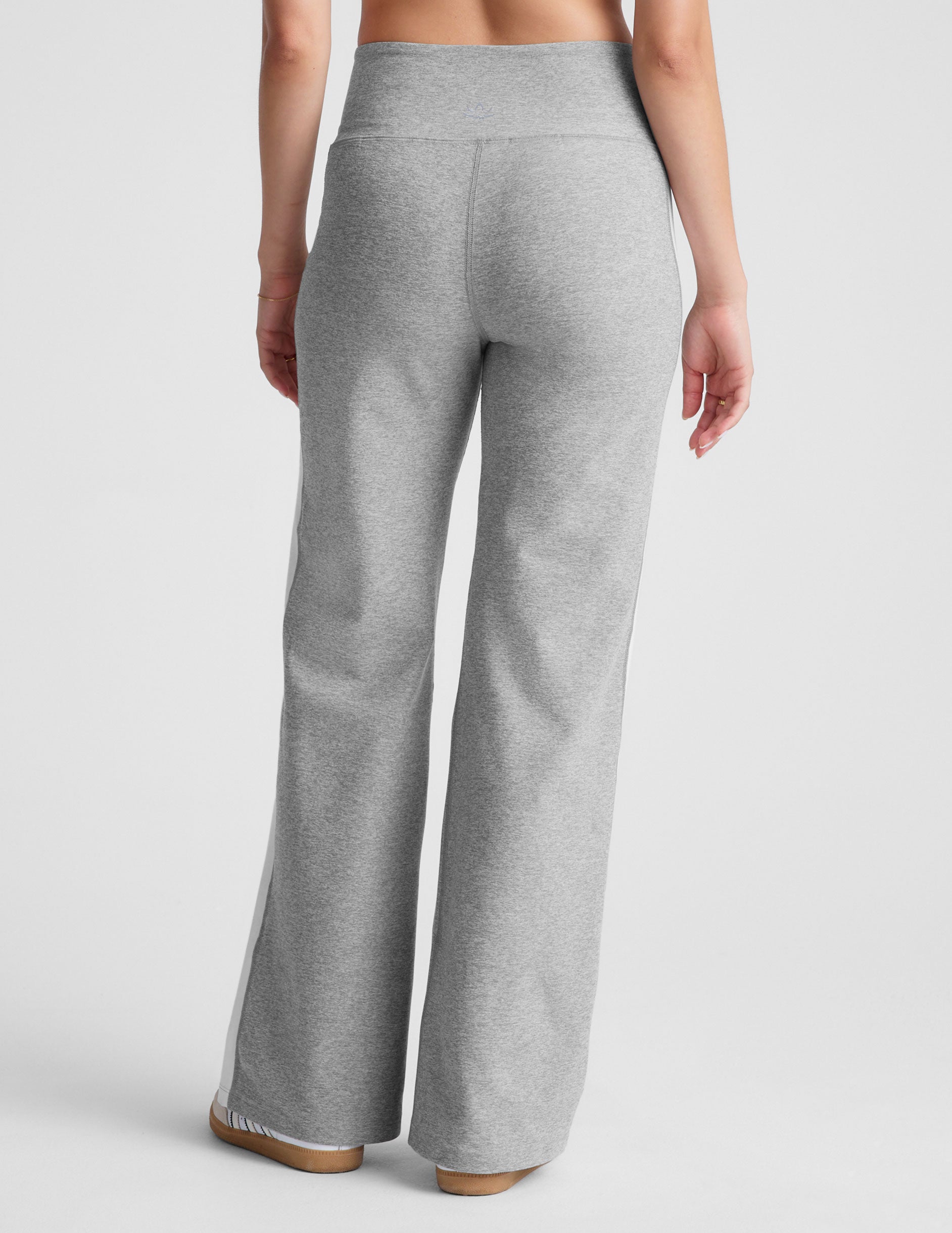 gray wide leg pants with a 4" waistband and white contrast panels on sides.