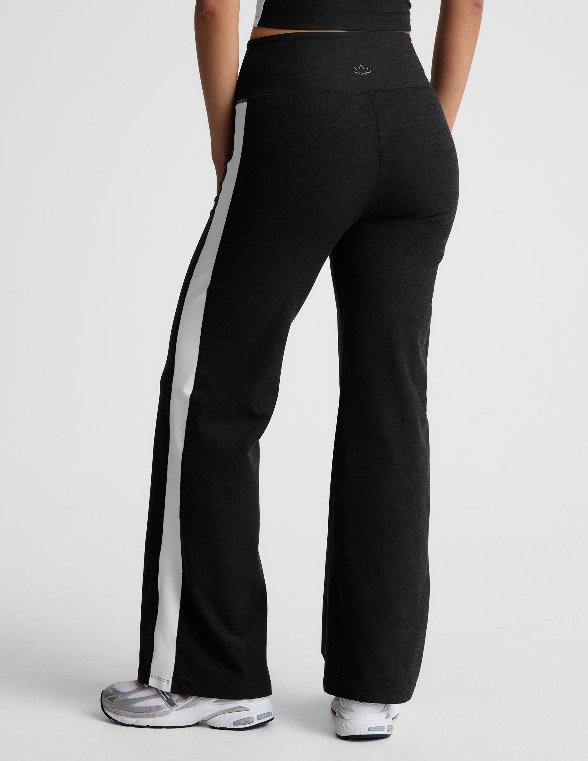 black wide leg pants with a 4" waistband and white contrast panels on sides. 