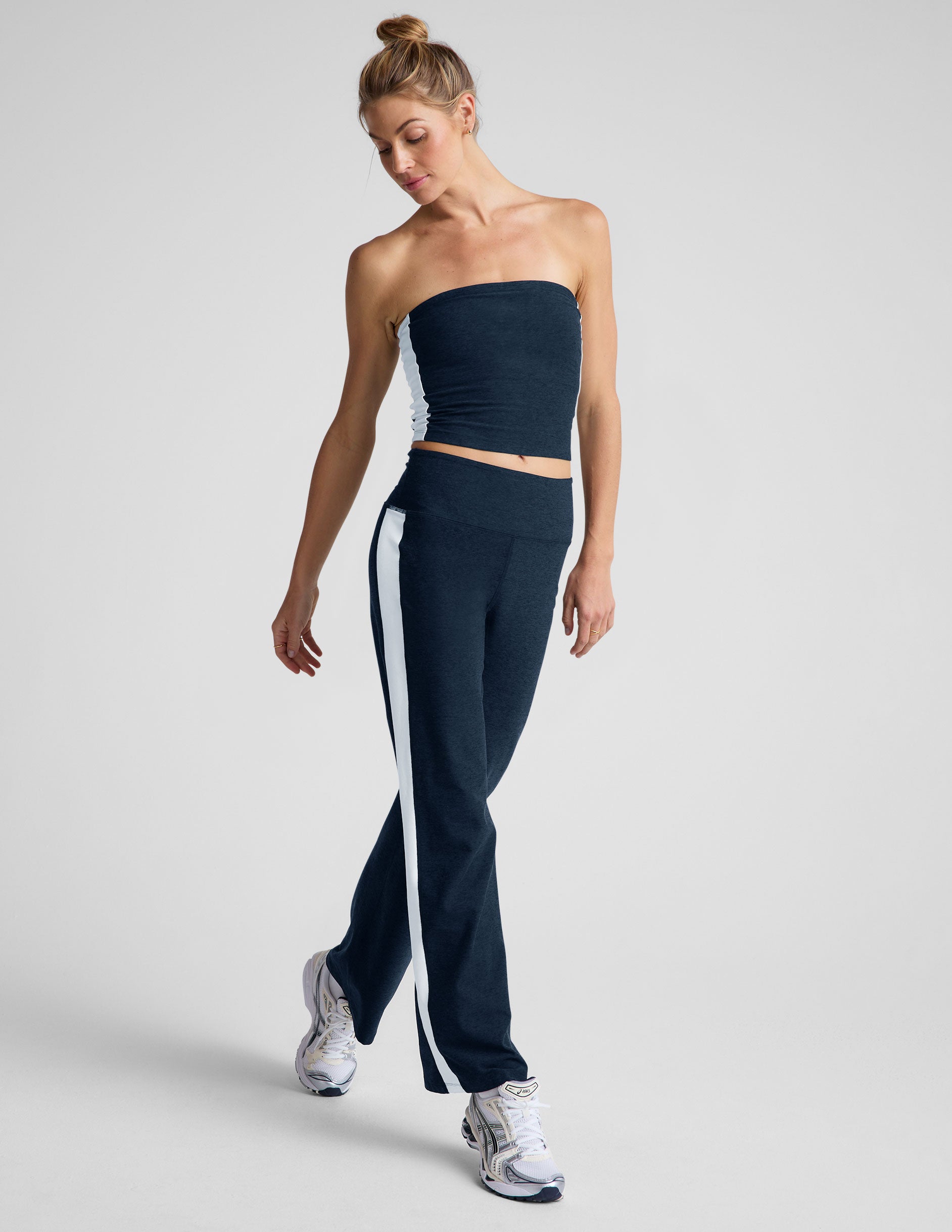 blue wide leg pants with a 4" waistband and white contrast panels on sides.