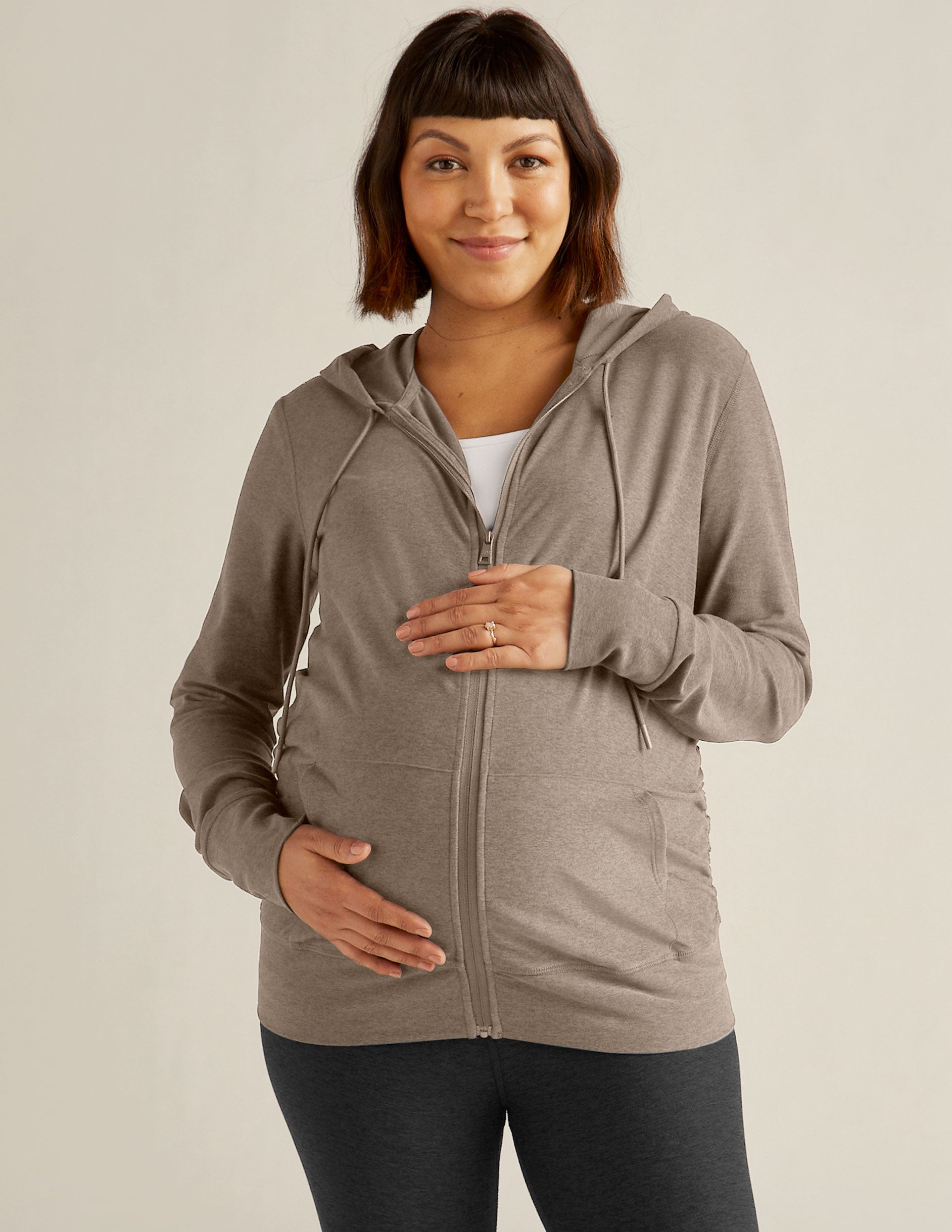 brown maternity zip up hoodie.