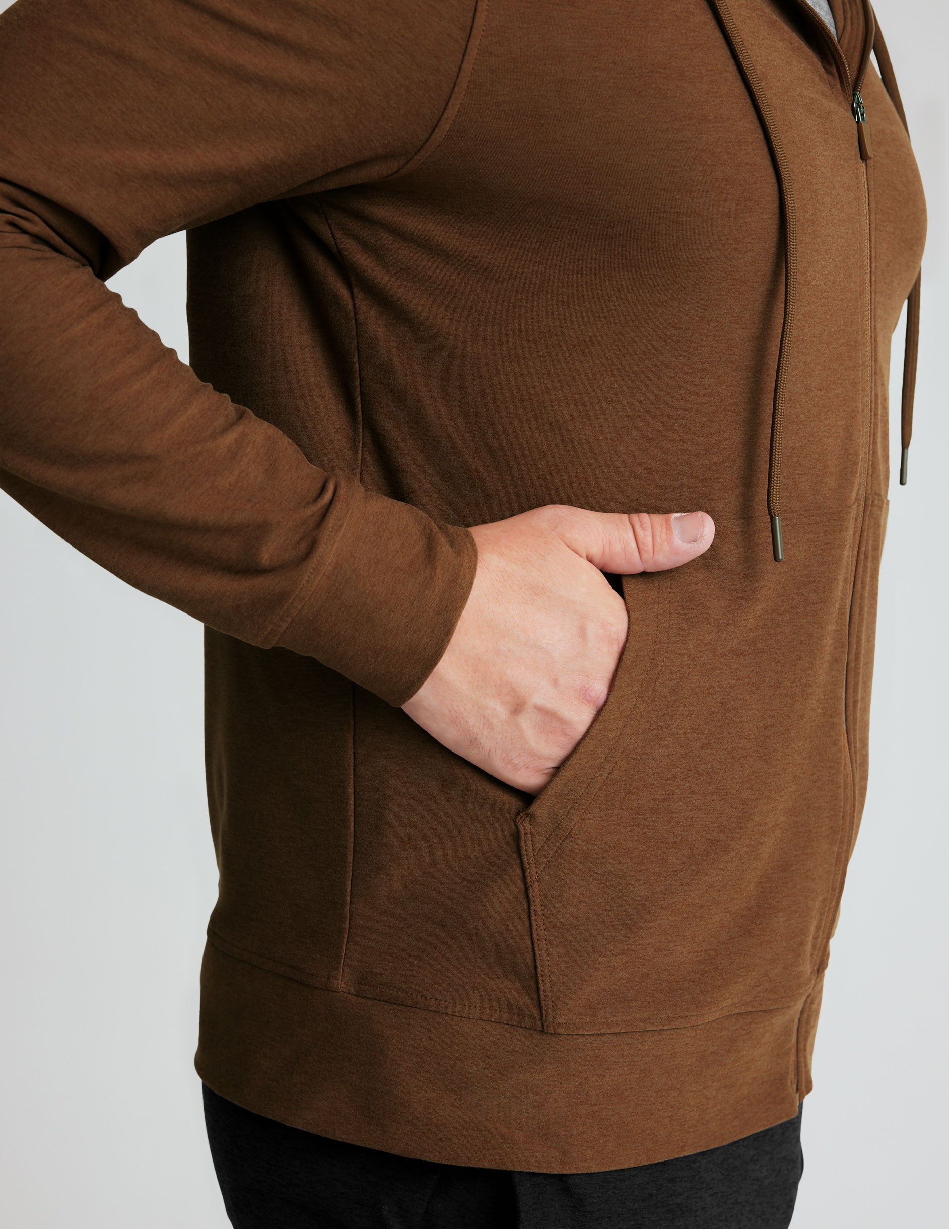 brown men's zip-up jacket with a hood and pockets. 