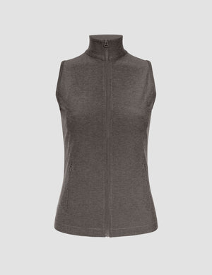 grey zip-up vest with mesh detail on upper back and pockets. 