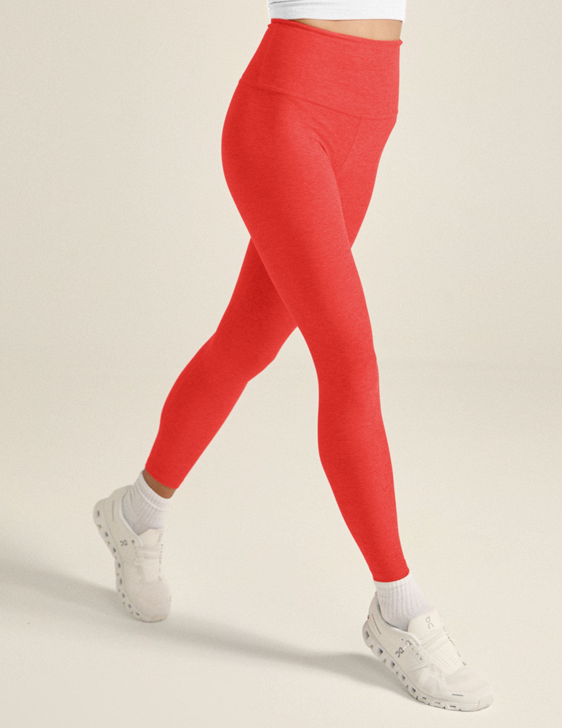 red high-waisted midi leggings. 