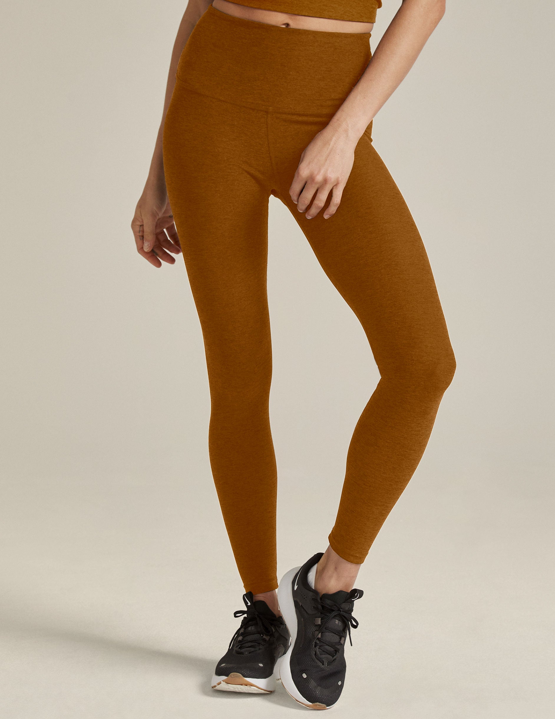 brown high-waisted midi leggings