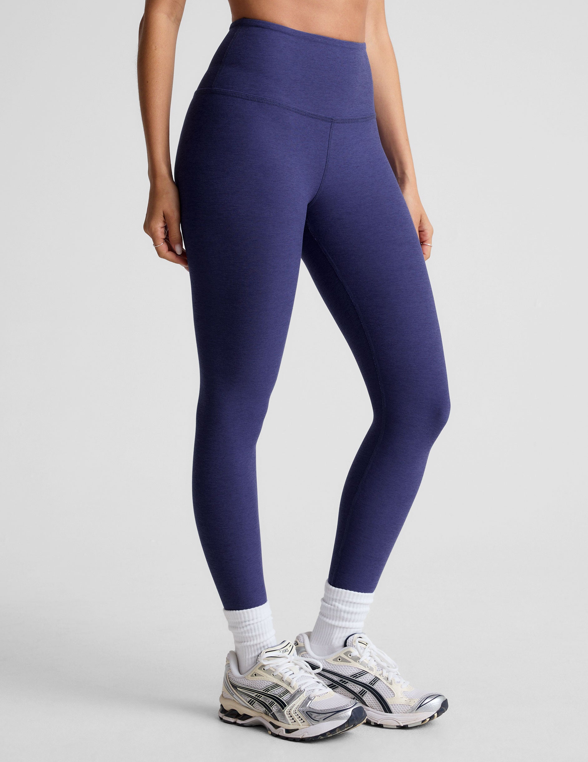 blue high-waisted midi length leggings. 