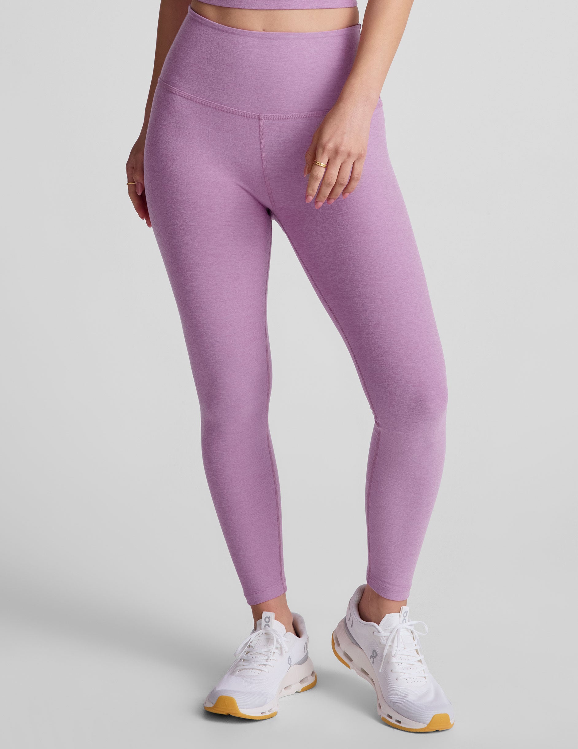 purple high-waisted midi length legging. 