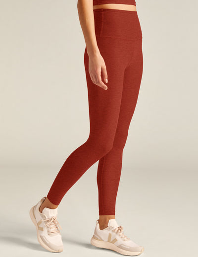 red high-waisted midi leggings. 